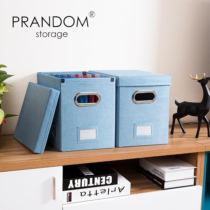 PRANDOM File Organizer Box - Set of 2 Collapsible Decorative Linen Filing Storage Hanging File Folders with Lids Office Cabinet Letter Size Blue (14x9.3x10.8 inch)-DeskLoop Office