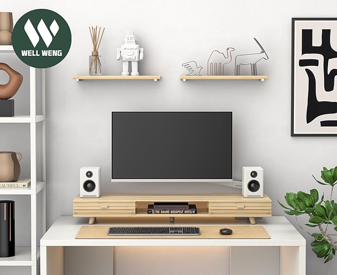 Bamboo Monitor Stand with Drawer - Desk Organizer with Cable Management & Storage, Ergonomic Laptop Riser for Home Office (220lbs Capacity, 39 inch ,Natural)-DeskLoop Office