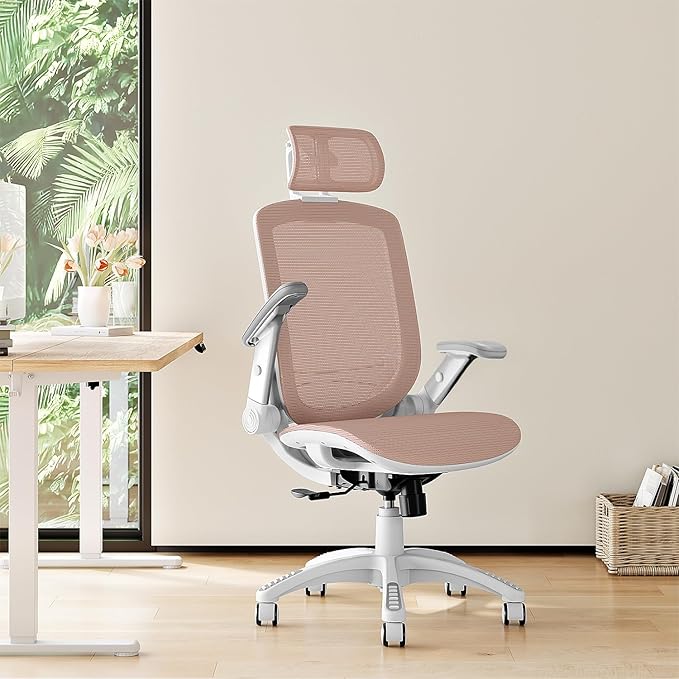 GABRYLLY Ergonomic Office Chair, High Back Home Desk Chair with Headrest, Flip-Up Arms, 90-120° Tilt Lock and Wide Cushion, 400LBS Mesh Chairs for Man Woman, White Task Chair(Pink,GY01WPK)-DeskLoop Office