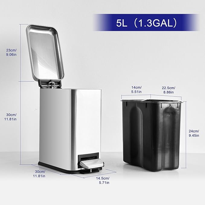 Bathroom Trash Can with Lid,5L/1.3 Gallon Trash Can with Removable Liner Bucket, Small Garbage can for Bathroom,Bedroom,Home Office,Silver-DeskLoop Office