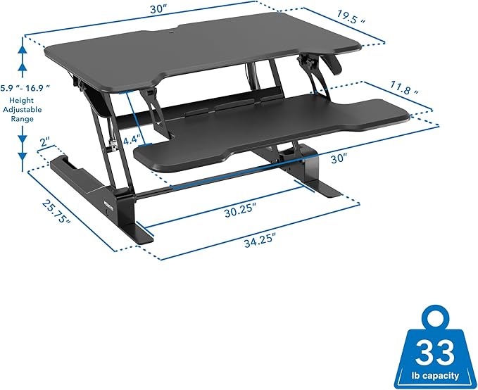 Mount-It! Height Adjustable Standing Desk Converter, Compact 30” Wide Tabletop Standing Desk Riser with Gas Spring, Desktop Stand Up Workstation with Keyboard Tray Fits Monitor or Laptop, Black-DeskLoop Office