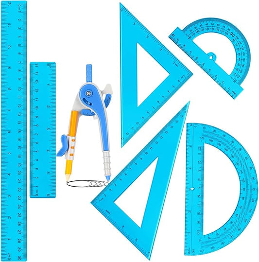 Zonon 1 Set Plastic Geometry Math Set 7 Pcs Includes 6'' / 4 '' Protractor, Drawing Compass, 45/60 Degree Triangle Rulers, 12'' / 6'' Math Ruler Transparent for Office Supplies(Blue)-DeskLoop Office