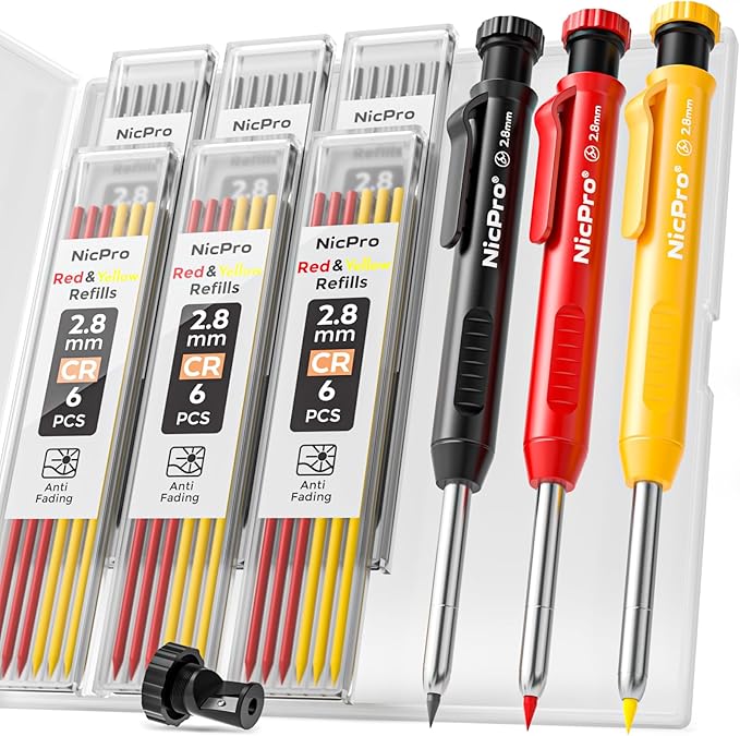 Nicpro 3 Pack Carpenter Pencil with Sharpener, Mechanical Carpenter Pencils with 39 Refills, Construction Pencil Heavy Duty Woodworking Pencils for Architect (Red, Black, Yellow)- With Case-DeskLoop Office