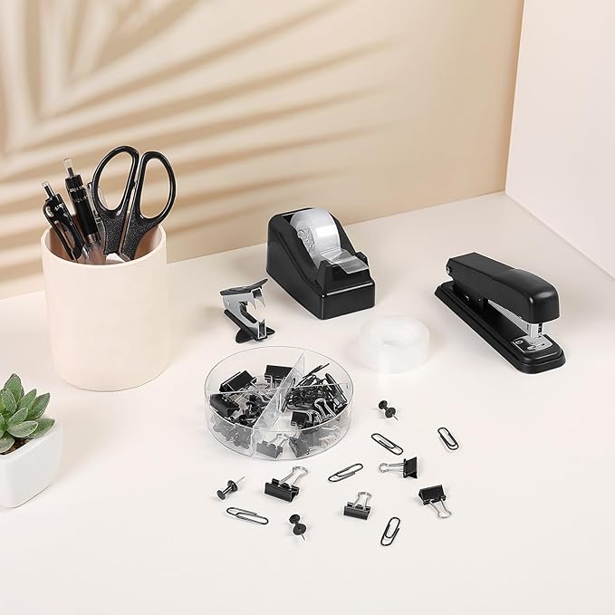 SKYDUE Black Office Supplies Set, Black Desk Accessories, Stapler, Tape Dispenser, Scissors, Binder/Paper Clips and 1000pcs Staples, Desk Supplies Set-DeskLoop Office