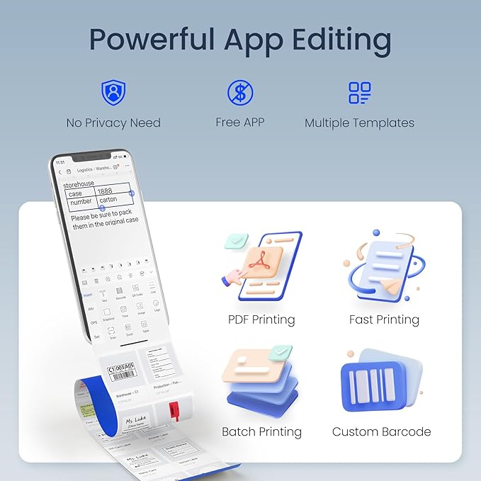 CLABEL Thermal Label Maker Machine: 221B Bluetooth Label Printer Mini Sticker Barcode Printer Inkless Label Maker Compatible with Clothing Price Labeling with 1 Roll of 50x30mm Label(Gray White)-DeskLoop Office