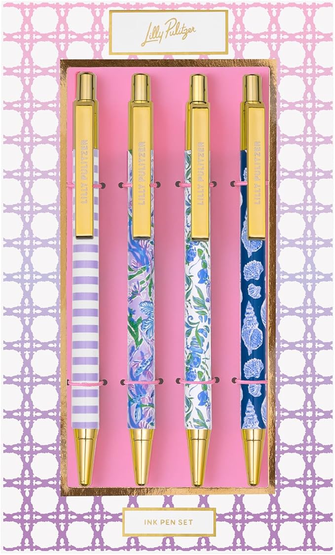Lilly Pulitzer Black Ink Pen Set of 4, Retractable Pens for Home or Office, Colorful Plastic Click Pens, (Assorted)-DeskLoop Office