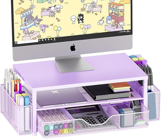 Desk Organizers and Accessories, 2-Tier Computer Monitor Stand Riser with Drawer and 2 Pen Holders, Laptop Stand, Office Desk Accessories for Office Supplies, Purple-DeskLoop Office