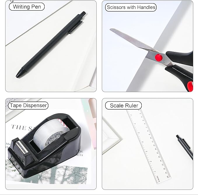 Black Desk Accessories with Pen Holder, Office Supplies Desk Organizers and Accessories, Tape Dispenser, Stapler, Staple Remover, Staples, Clips Set, Ruler, Scissor, Pen, Tape (Black)-DeskLoop Office