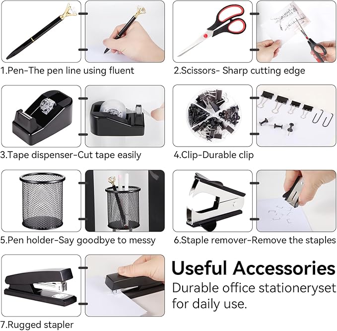 Black Desk Accessories, Office Supplies Set with Stapler, Tape Dispenser, Staple Remover, Pen Holder, Scissor, Binder/Paper Clips, Ballpoint Pen, Clear Tape and 1000pcs Staples-DeskLoop Office