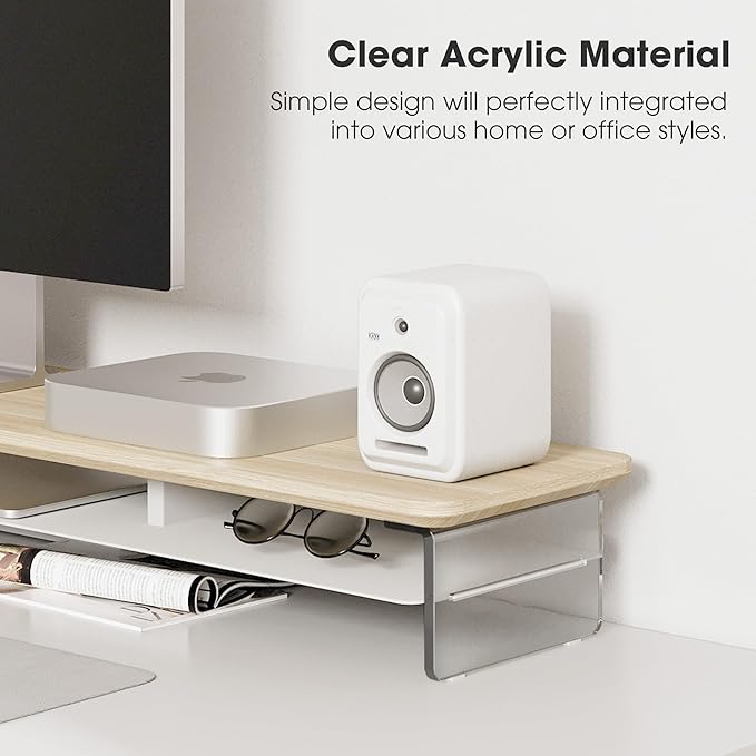 Fenge Acrylic Monitor Stand Riser, 42.5 Inches Dual Monitor Stand with Metal Storage, 2 Tier Acrylic Computer Riser for Desk, Clear Laptop Stand for PC, Laptop, Printer, TV, Oak-DeskLoop Office