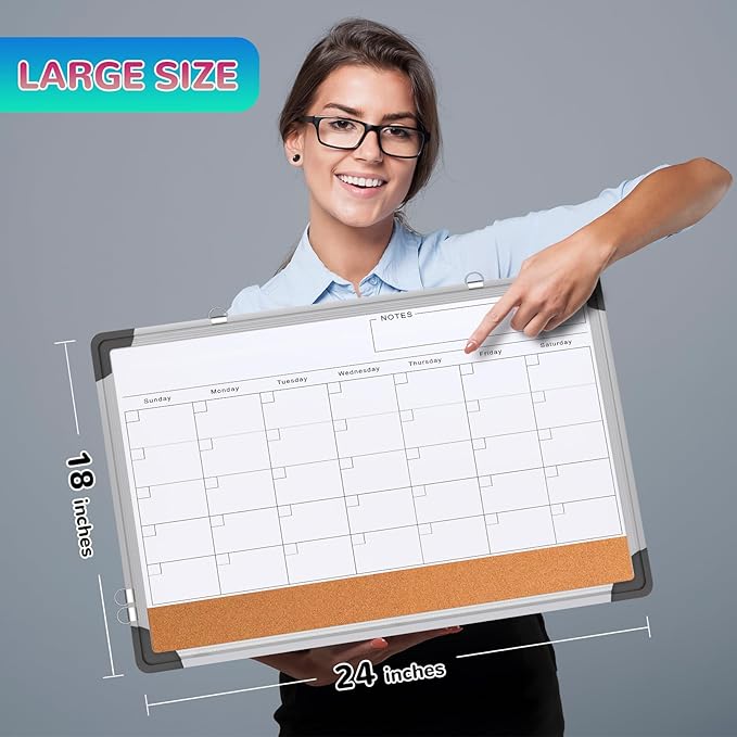 Monthly Calendar Whiteboard Dry Erase Cork Board Combination for Wall, 24"x18" Magnetic Dry Erase Board, Double-Sided White Board, Portable Board for Office, Kitchen, Planning, Memo, School, Home-DeskLoop Office