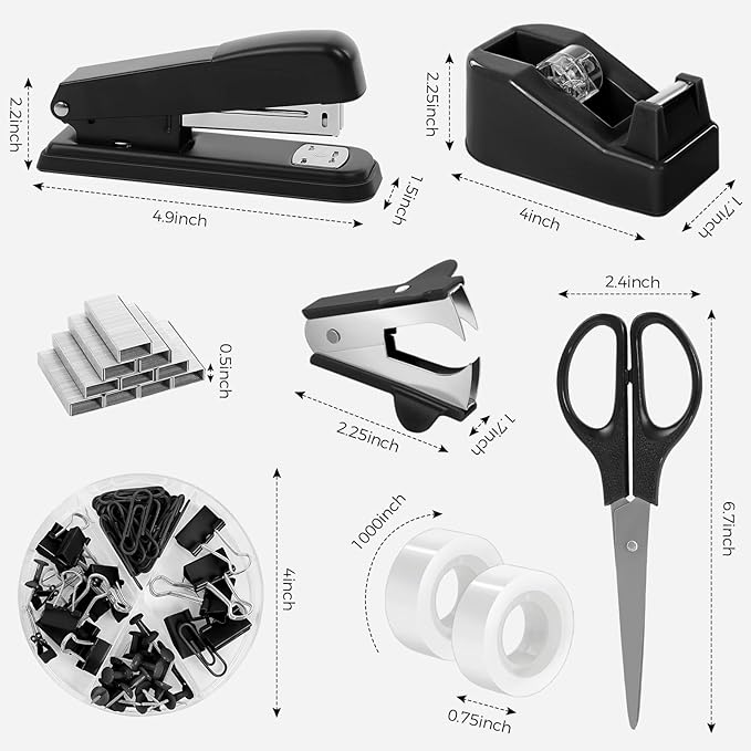 SKYDUE Black Office Supplies Set, Black Desk Accessories, Stapler, Tape Dispenser, Scissors, Binder/Paper Clips and 1000pcs Staples, Desk Supplies Set-DeskLoop Office