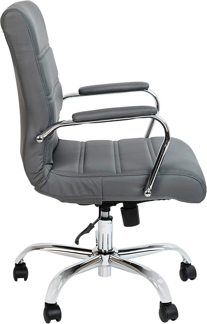 Flash Furniture Whitney Mid-Back Swivel LeatherSoft Desk Chair with Padded Seat and Armrests, Adjustable Height Padded Office Chair, Gray/Chrome-DeskLoop Office