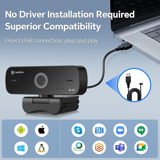 N newline 4K Webcam for PC, 4K UHD USB Webcam with Microphone, New Upgraded Auto Focus, Low Distortion, Privacy Cover, PC Camera for Zoom, Skype, Teams, Laptop, Conferencing, Calling, NewEye 60s-DeskLoop Office