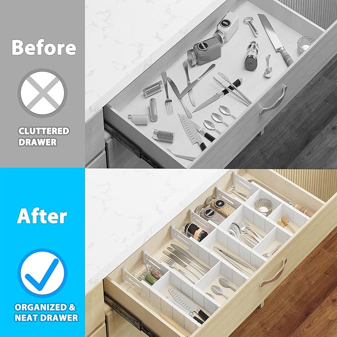 6 Pack Bamboo Drawer Dividers with 12 Inserts, Expandable Adjustable Clothes Drawer Organizers and Storage from 17" to 22" for Kitchen, Bedroom, Dresser, Cosmetics (White)-DeskLoop Office