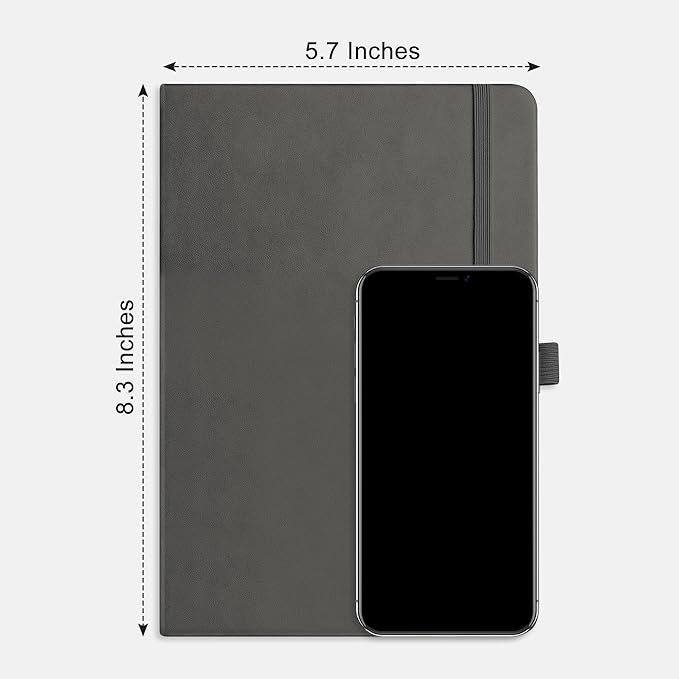 RETTACY Bullet Dotted Journal Notebook, 192 Pages, A5 Medium Size (5.7'' x 8.3''), Leather Hardcover, 100 GSM Thick Paper, for Bullet Journaling, Planning, Tracking (Gray)-DeskLoop Office