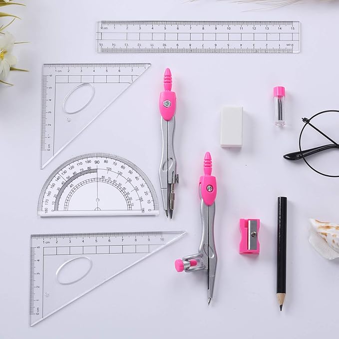 Math Geometry Kit Sets 10 Piece Student Supplies with Shatterproof Storage Box,Includes Rulers,Protractor,Compass,Eraser,Pencil Sharpener,Lead Refills,Pencil,for Drafting(Pink)-DeskLoop Office