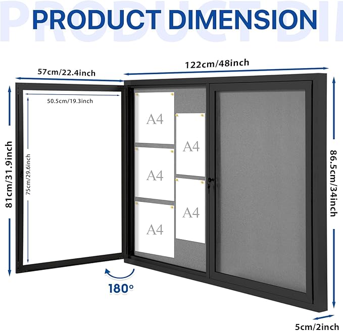 SWANCROWN Enclosed Bulletin Board 48x36in, Outdoor Bulletin Board Weatherproof for Office School Commerce, Grey Felt, Black Aluminum Frame-DeskLoop Office