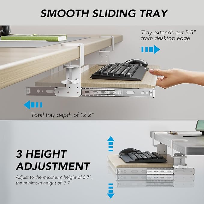 Keyboard Tray Under Desk Pull Out with Extra Sturdy C Clamp Mount System, 27.3 (32.5 inch Including Clamps) x 11 Inch Slide-Out Platform Computer Drawer for Typing Grain AX01WG01-DeskLoop Office