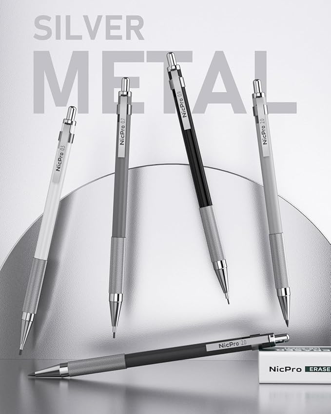 Nicpro 38PCS Art Mechanical Pencils Set in Leather Case, 3 PCS Metal Drafting Pencil 0.5, 0.7, 0.9 mm & 5 PCS 2mm Lead Holder (6B 4B 2B HB 2H 4H Colors) For Sketching Drawing With 20 Tube Lead Refills-DeskLoop Office