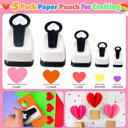 Heart Hole Puncher for Crafts, Heart Paper Cutter, Hearts Paper Punch, Hearts Shaped Puncher, Craft Punches for Card Making, 3/8 in, 5/8 in, 1 in, 1.5 in, 2 inch Scrapbooking Punch - 5 Pcs-DeskLoop Office