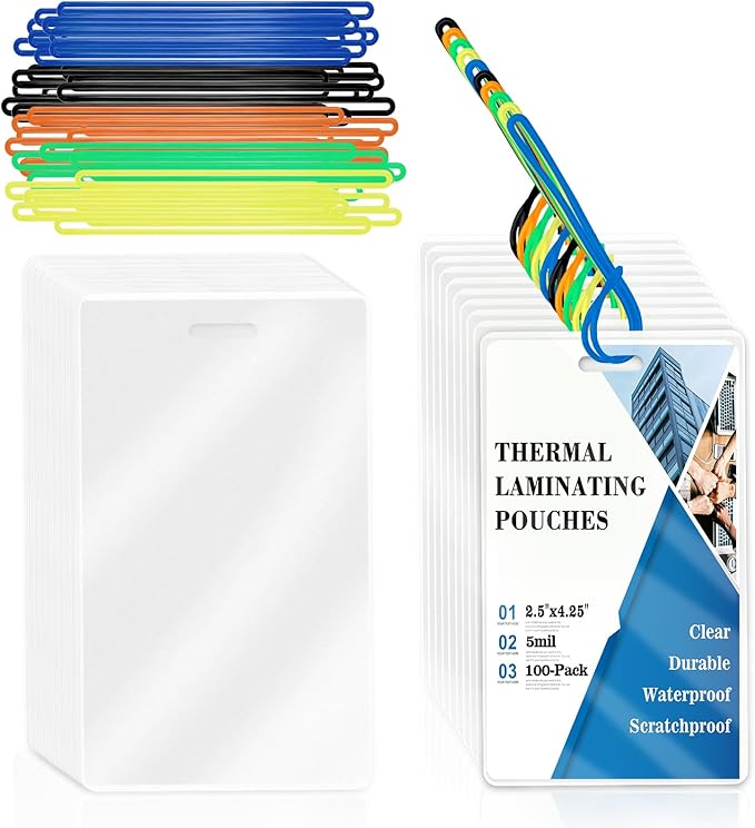 100 Pack 5 Mil Laminating Pouch with Colorful Loop 2 1/2" x 4 1/4" Luggage Tag Laminating Pouches with Slot Hole Thermal Laminate Pouch Tags Kit Resealable for Work Permits Pass Cards Student ID Cards-DeskLoop Office