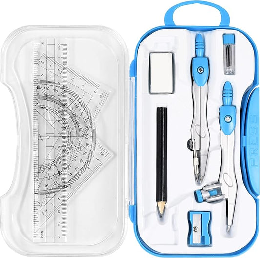 Math Geometry Kit Sets 10 Piece Student Supplies with Shatterproof Storage Box,Includes Rulers,Protractor,Compass,Eraser,Pencil Sharpener,Lead Refills,Pencil,for Drafting and Drawings(Blue)-DeskLoop Office