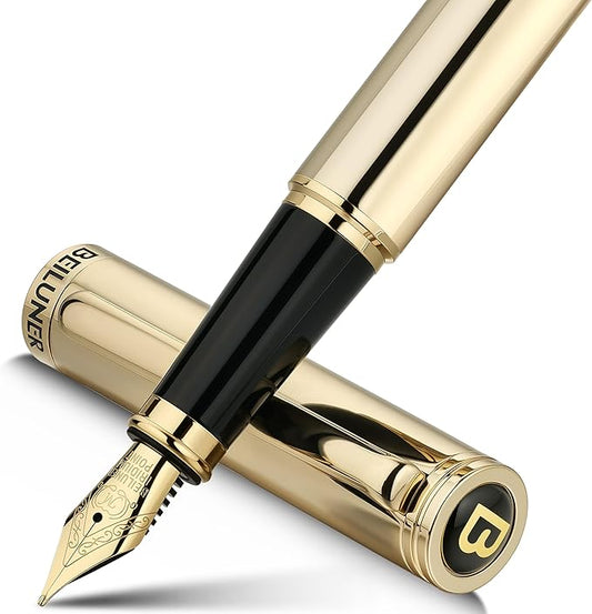 BEILUNER Gold Fountain Pen,Stunning Luxury Pens with 24K Gold Finish, Gorgeous 24K Gilded Nib(Medium), Ink Converter,Fancy Pen Gift for Men&Women-Elegant, Office, Professional, Reliable, Nice Design-DeskLoop Office