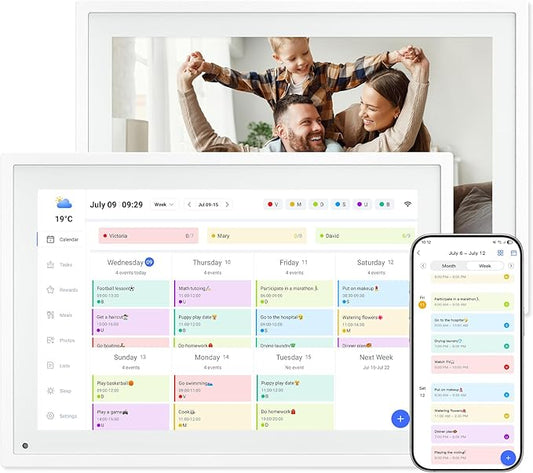 10.1 Inch WiFi Digital Calendar, Smart Touchscreen Interactive Display for Family Schedules Chore Chart, Meal Planner, To Do List, Smart Sync Switchable Digital Photo Frame w/Desk Stand-DeskLoop Office