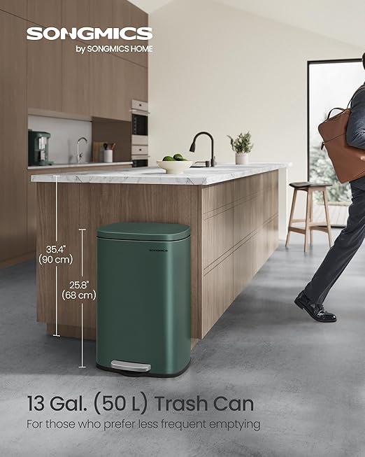 SONGMICS 13 Gallon (50 L) Trash Can, Stainless Steel Kitchen Garbage Can, Recycling or Waste Bin, Soft Close, Step-On Pedal, Removable Inner Bucket, Retro Green ULTB050C01-DeskLoop Office