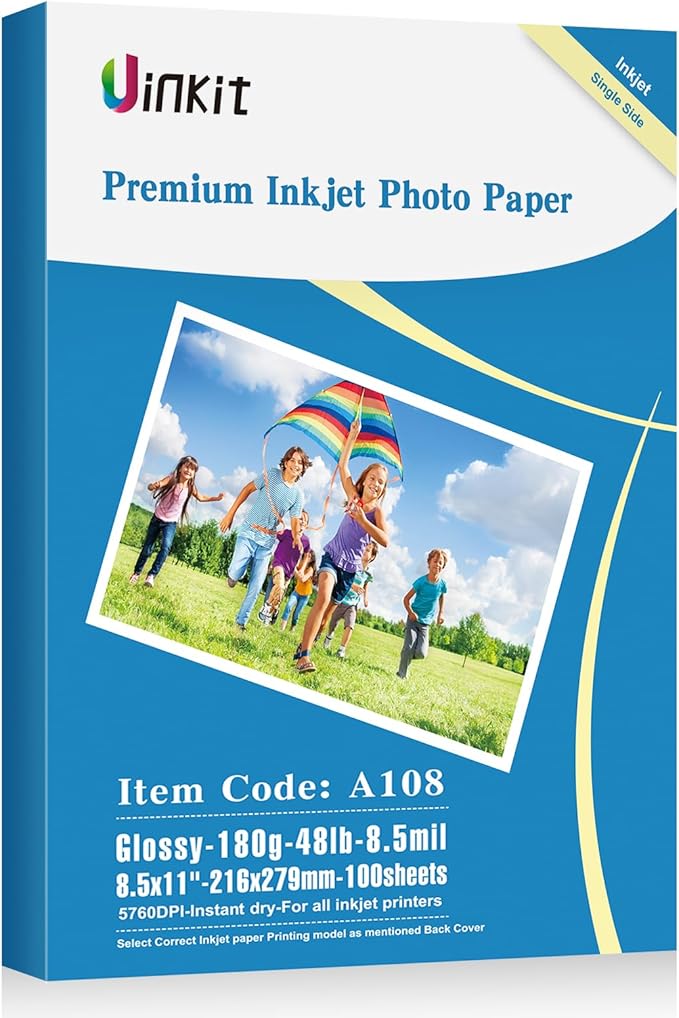 Uinkit 100 Sheets Inkjet Photo Paper Glossy 8.5x11 48lb 180Gsm Professional Photographic Paper Letter Size 8.5Mil Instant Dry Suitable for All Ink Printers-DeskLoop Office