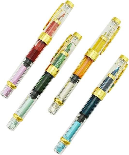 Lanxivi 4 PCS Yongsheng 3008 Piston Fountain Pen Fine Nib Transparent Diversity Color Gold Trim Set-DeskLoop Office