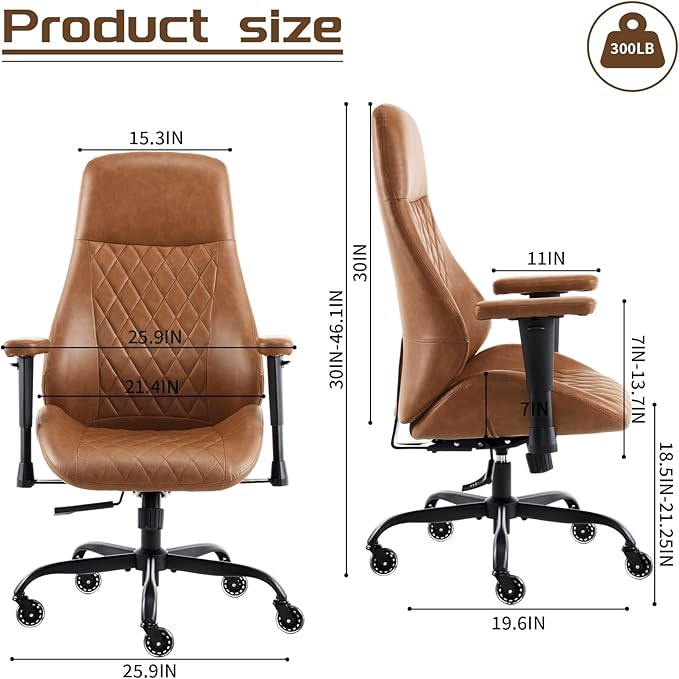 YFO Home Office Desk Chair High Back Office Rubber Casters Ergonomic Computer Chair with Lumbar Support Adjustable Height Rolling Swivel Chair Executive Task Armrests๏ผ Brown Leather