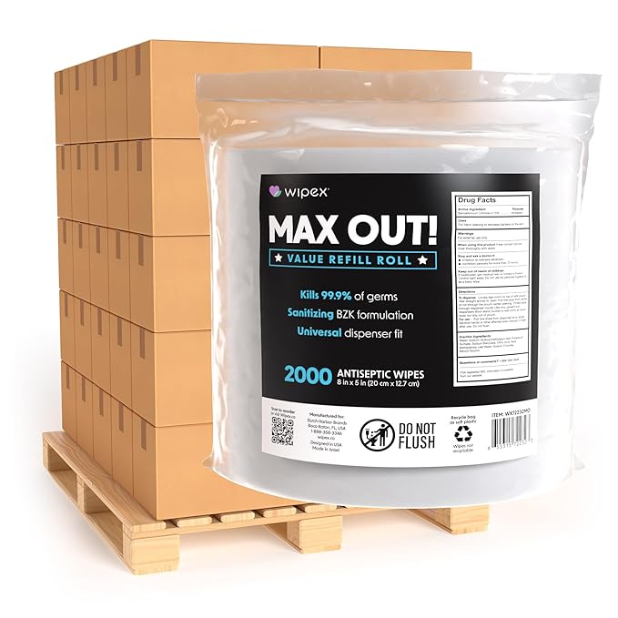 Wipex Max Out Sanitizing Wipes for Fitness Centers - 2000 Wipes Roll, Economy Refill Rolls for Dispensers, 5"x8" - Ideal for High Volume Commercial Use, 120 Rolls (Palletized Delivery)-DeskLoop Office