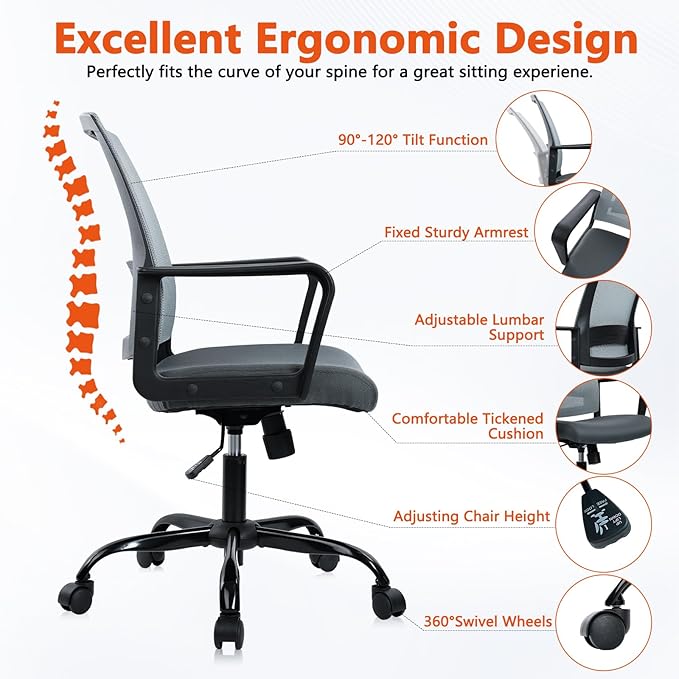 CLATINA Ergonomic Office Desk Chair - Mesh Office Chair with Adjustable Lumbar Support, Rolling Comfortable Computer Task Chairs with Arms for Home Conference-Gray-DeskLoop Office