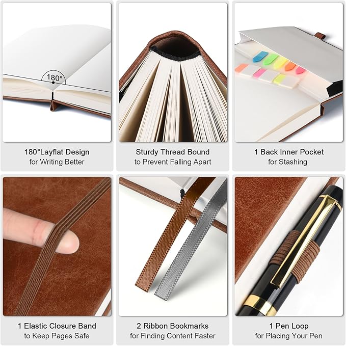 Graph Paper Notebook, 312 Numbered Pages Large A5 Hardcover Leather Journal, 100gsm No Bleed Grid Paper Notebook with Index Pages, Grid Notebook for Graphing Notes Math, 5.75" x 8.38", Brown-DeskLoop Office