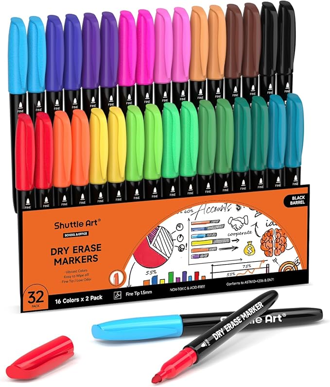Shuttle Art Dry Erase Markers, 32 Pack 16 Colors Whiteboard Markers,Fine Tip Dry Erase Markers for Kids,Perfect For Writing on Whiteboards,Dry-Erase Boards,Mirrors,Calender,School Office Supplies-DeskLoop Office