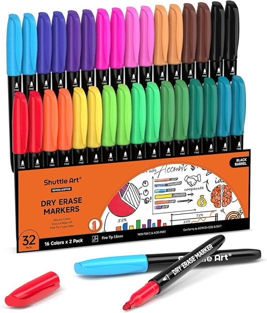 Shuttle Art Dry Erase Markers, 32 Pack 16 Colors Whiteboard Markers,Fine Tip Dry Erase Markers for Kids,Perfect For Writing on Whiteboards,Dry-Erase Boards,Mirrors,Calender,School Office Supplies-DeskLoop Office