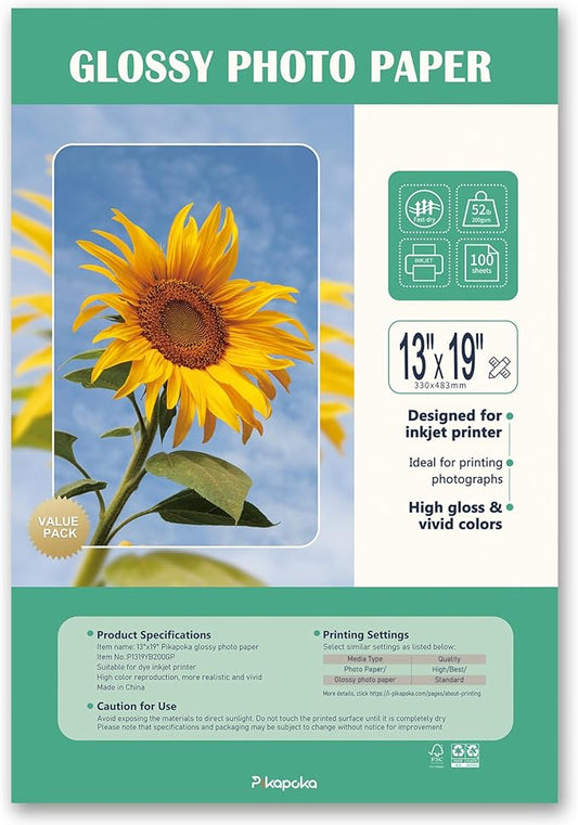 13x19 Glossy Photo Paper for Inkjet Printer, A3+ Big Photo Paper, Super B Size Full Sheet, 100 Pack, 200gsm/52lb,-DeskLoop Office