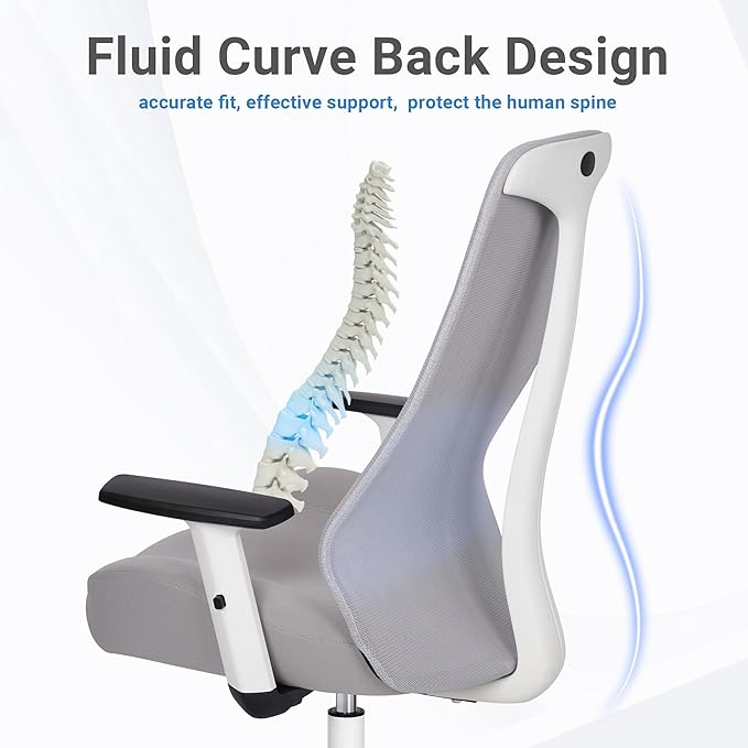 HYLONE Office Chair, 5" Thickened Seat Ergonomic Desk Chair with Adjustable Armrests, Home Office Computer Chairs for Long Hours Mesh Executive Chair(White Base&Grey)-DeskLoop Office