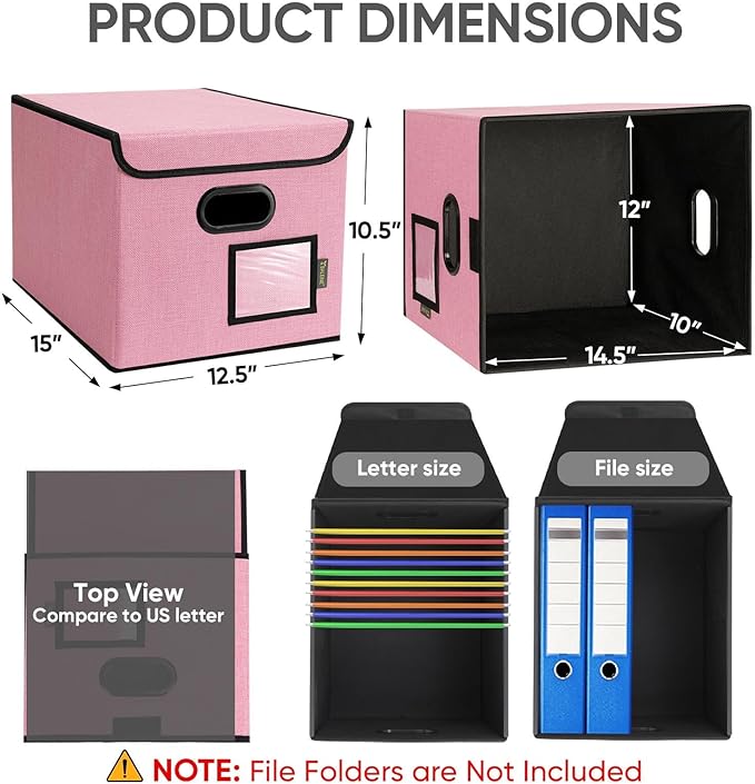 BALEINE File Organizer Box with Lid, Collapsible File Folder Organizer with Plastic Slide, Hanging File Folder Box for Office Document Storage (2 Pack, Pink)-DeskLoop Office