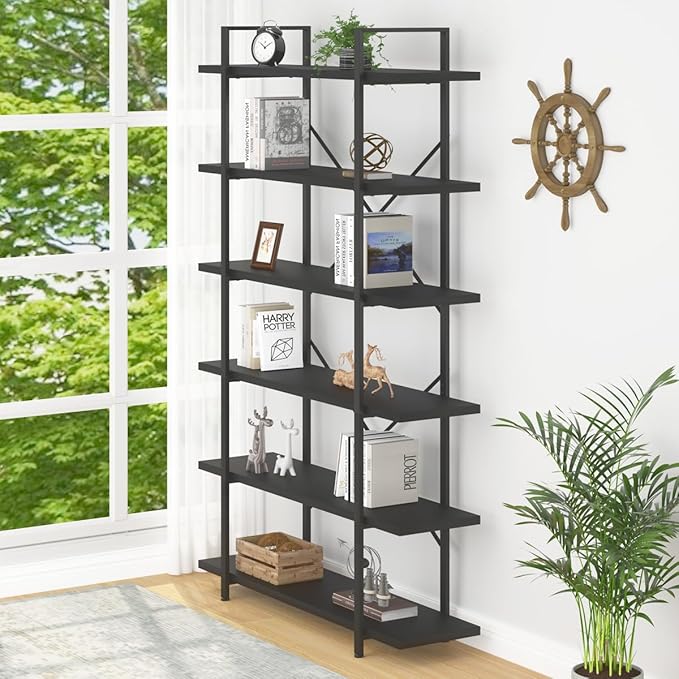 HSH 6 Tier Tall Black Bookshelf, Modern Large Storage Book Shelves & Display Book Shelf,Industrial Open Vertical Metal and Wood Black Bookcases 6 Shelf for Bedroom Living Room Office, Black Oak-DeskLoop Office