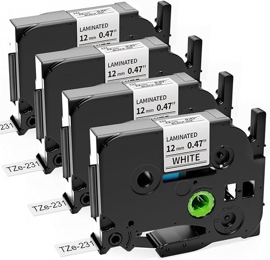4-Pack TZe TZ Tape 12mm 0.47 Laminated White TZe-231 Replace for Brother P Touch Label Tape TZe231 for Brother Label Maker Tape PT-D210 PT-D220 PT-H110 PT-D610BT PT-D600 PT-D410 PT-D400 PT-H111 PTD200-DeskLoop Office
