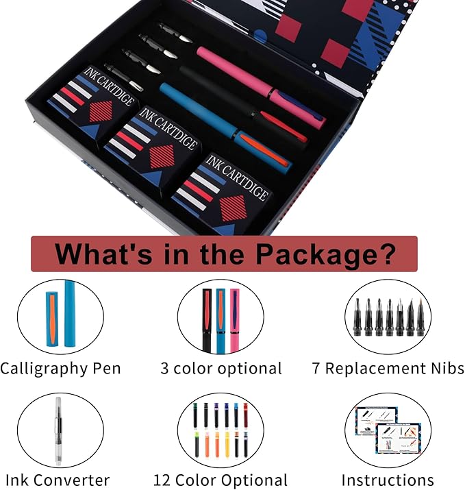Calligraphy Pen Set,Fountain Pens with 7 Different Replaceable Nibs with 60 Ink Cartridges(12 Colors),Calligraphy Set for Beginner Writing Drawing-DeskLoop Office