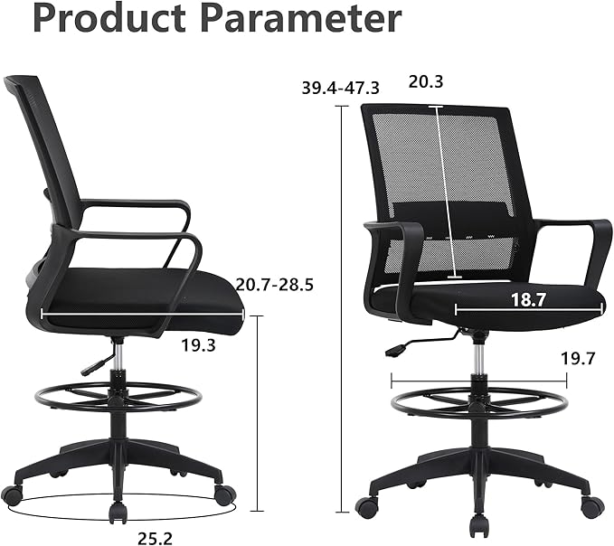 PayLessHere Drafting Chair Computer Standing Desk Chair Tall Office Chair with Lumbar Support Adjustable Foot Ring for Mesh Ergonomic Mid-Back Desk Chair (Black)-DeskLoop Office