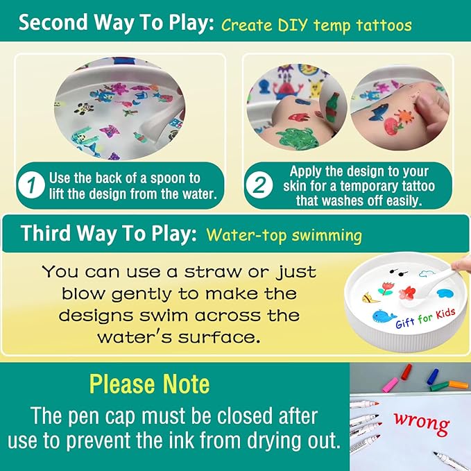 Magical Drawing Pens for Kids Water, Kiddies Create Magical Floating Drawings Bundle, 12 Colors Magic Water Painting Marker Set with 2 Spoons, Water Art Pen Kit for DIY Tattoo, Gifts for Boys & Girls-DeskLoop Office