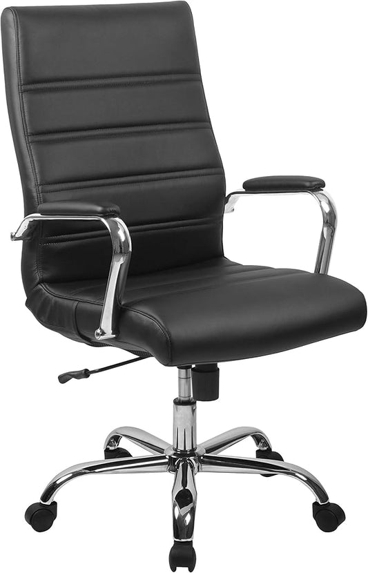 Flash Furniture Whitney High-Back Swivel LeatherSoft Desk Chair with Padded Seat and Armrests, Adjustable Height Padded Office Chair, Black/Chrome-DeskLoop Office