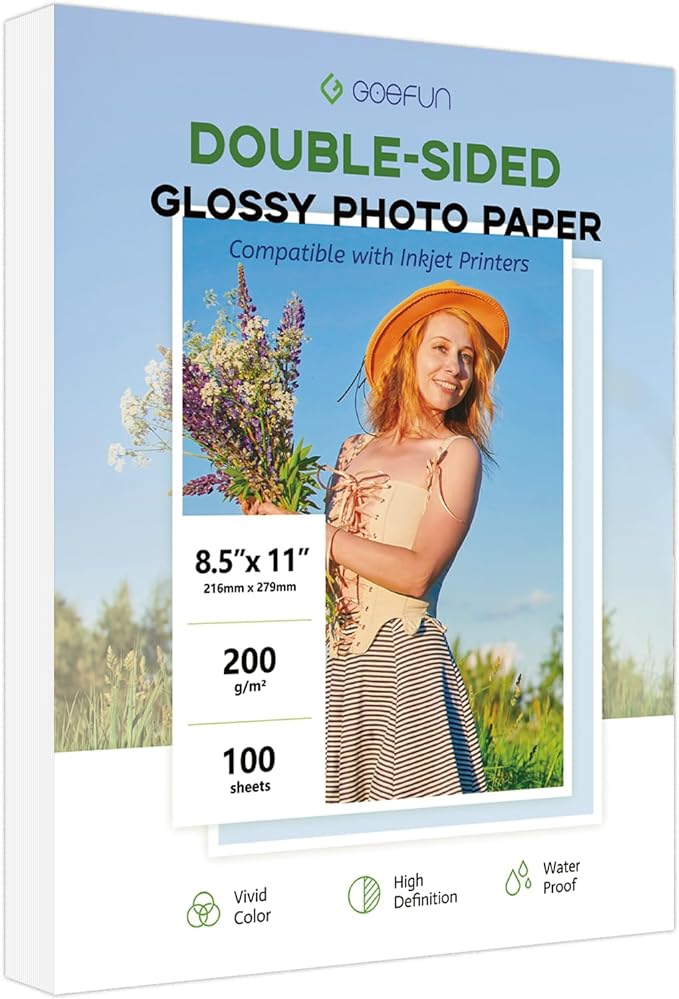 Double Sided Glossy Photo Paper 8.5x11 100 Sheets, Goefun 200GSM/54LB Inkjet Printer Paper 8.5 x 11 Glossy for Crafting, Chip Bags, Calendars, Menus, Cards and Invitations-DeskLoop Office