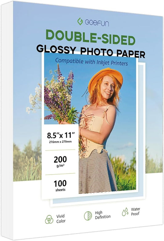 Double Sided Glossy Photo Paper 8.5x11 100 Sheets, Goefun 200GSM/54LB Inkjet Printer Paper 8.5 x 11 Glossy for Crafting, Chip Bags, Calendars, Menus, Cards and Invitations-DeskLoop Office