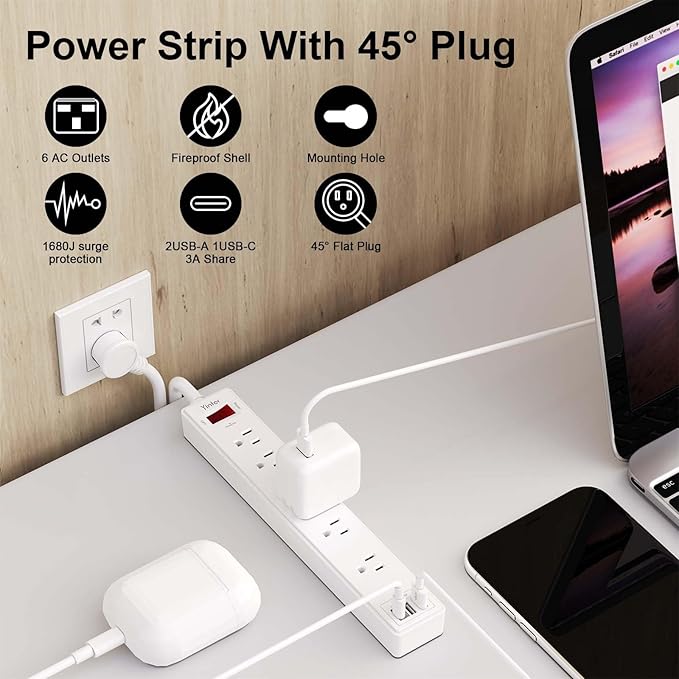 10 Ft Power Strip Surge Protector - Yintar Extension Cord with 6 AC Outlets and 3 USB Ports for Home, Office, Dorm Essentials, 1680 Joules, ETL Listed, White-DeskLoop Office